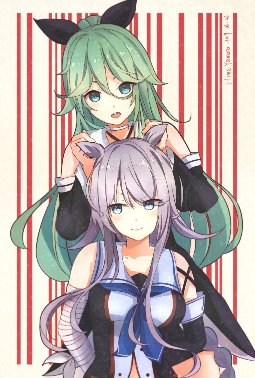 2girls :d artist_name bandaged_arm bandages blue_eyes cake_no_shaberu dated detached_sleeves green_hair hair_flaps highres kantai_collection multiple_girls open_mouth purple_hair remodel_(kantai_collection) sleeveless smile umikaze_(kantai_collection) yamakaze_(kantai_collection)