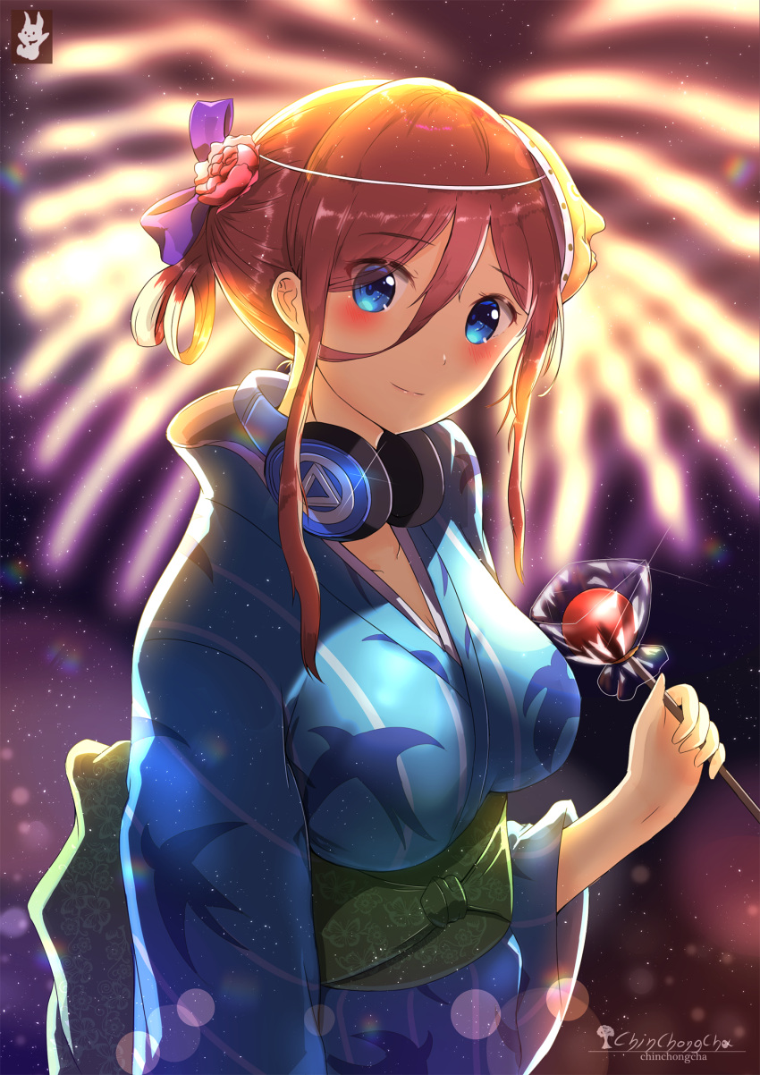 1girl animal_print bird_print blue_eyes blue_kimono blurry blurry_background bow breasts brown_hair chinchongcha closed_mouth collarbone eyebrows_visible_through_hair fireworks flower go-toubun_no_hanayome hair_between_eyes hair_bow hair_flower hair_ornament headphones headphones_around_neck highres holding japanese_clothes kimono large_breasts lens_flare looking_at_viewer nakano_miku pink_flower print_kimono purple_bow shiny shiny_hair short_hair_with_long_locks sidelocks smile solo standing striped tied_hair upper_body vertical-striped_kimono vertical_stripes yukata