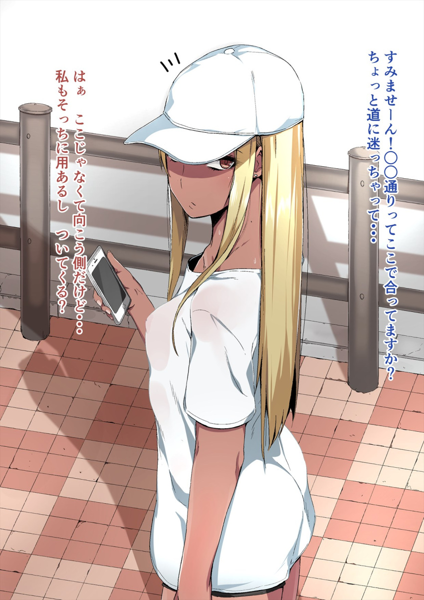 1girl 298yenomiso ass blonde_hair breasts brown_eyes cellphone commentary_request covered_nipples dark_skin earrings gyaru hat highres jewelry long_hair looking_at_viewer original phone shorts smartphone solo sweat translation_request