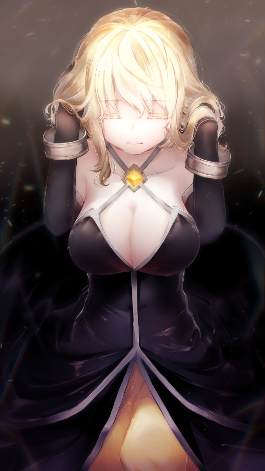 1girl absurdres arms_up bare_shoulders blonde_hair breasts closed_eyes dress elbow_gloves gloves hands_on_own_head highres mahou_shoujo_tart_magica minou_(tart_magica) solo soul_gem