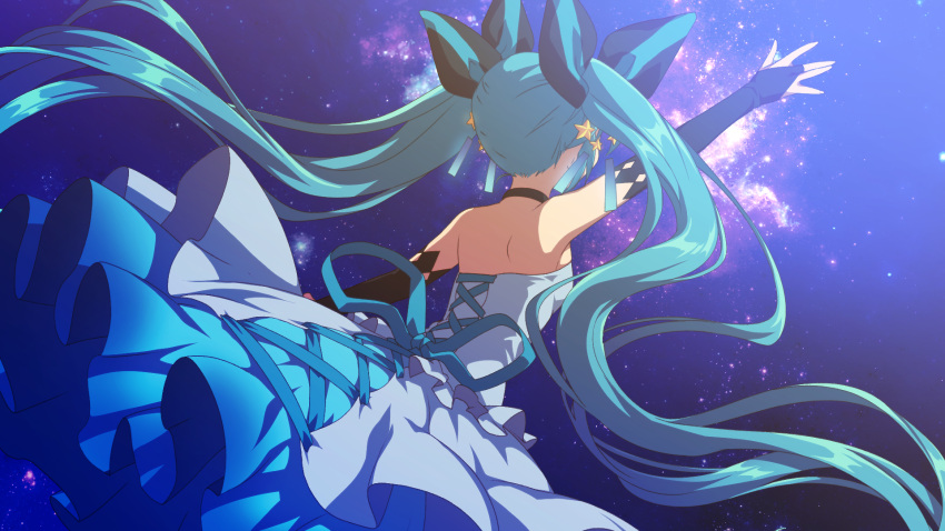 1girl arm_up black_bow black_sleeves blue_hair blue_ribbon bow bridal_gauntlets choker detached_sleeves dress floating_hair from_behind hair_bow hair_ornament hatsune_miku highres layered_dress long_dress long_hair long_sleeves matsuda_toki night night_sky outstretched_arm ribbon shiny shiny_hair sky sleeveless sleeveless_dress solo standing star star_hair_ornament strapless strapless_dress twintails very_long_hair vocaloid white_dress