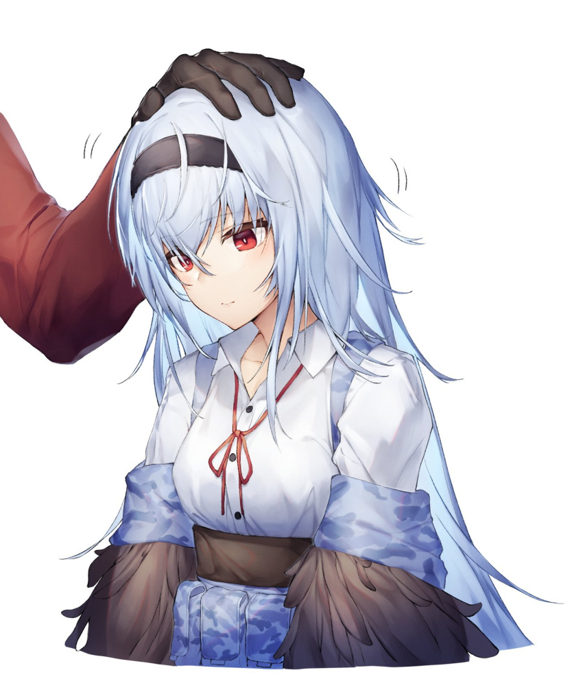 1girl bangs black_gloves black_hairband blue_hair blush breasts closed_mouth collarbone collared_shirt commentary dabuki eyebrows_visible_through_hair eyes_visible_through_hair girls_frontline gloves hair_between_eyes hairband hand_on_head highres long_hair long_sleeves looking_down medium_breasts red_eyes red_ribbon red_sleeves ribbon shirt simple_background thunder_(girls_frontline)