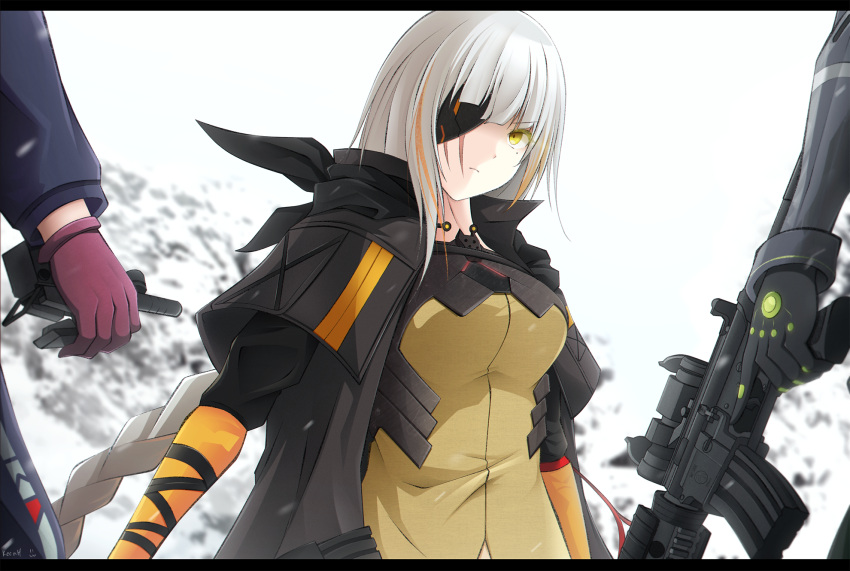 assault_rifle bangs black_gloves black_jacket blurry blurry_background braid breasts brown_hair brown_shirt closed_mouth commentary depth_of_field eyebrows_visible_through_hair eyepatch girls_frontline gloves gun highres holding holding_gun holding_weapon jacket keenh letterboxed long_hair long_sleeves looking_at_viewer m16a1_(girls_frontline) m16a1_(girls_frontline)_(boss) m4_carbine m4a1_(girls_frontline) medium_breasts mole mole_under_eye multicolored_hair object_namesake open_clothes open_jacket orange_hair pink_gloves rifle scar scar_across_eye shirt short_over_long_sleeves short_sleeves single_braid solo_focus st_ar-15_(girls_frontline) streaked_hair v-shaped_eyebrows very_long_hair weapon white_hair yellow_eyes