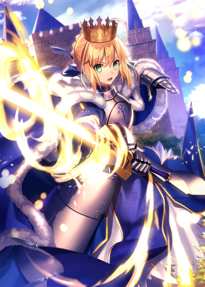 1girl ahoge armor artoria_pendragon_(all) blonde_hair blue_cape blue_ribbon braid cape castle crown excalibur fate/stay_night fate_(series) french_braid fur_trim fuyuki_(neigedhiver) gauntlets green_eyes hair_ribbon highres holding holding_sword holding_weapon looking_at_viewer open_mouth outdoors ribbon saber short_hair sidelocks solo sword weapon