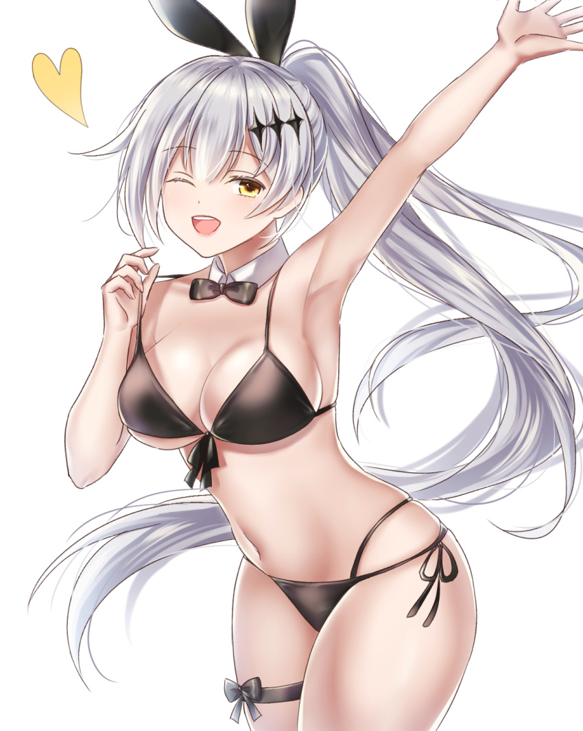 1girl ;d alternate_costume arm_up bangs bare_shoulders bikini black_bikini black_ribbon blush bow bowtie breasts closed_mouth contrapposto cowboy_shot detached_collar eyebrows eyebrows_visible_through_hair five-seven_(girls_frontline) girls_frontline groin hair_between_eyes hair_ornament hand_up high_ponytail highres hip_focus large_breasts lemode long_hair looking_at_viewer lowleg lowleg_bikini multi-strapped_bikini navel one_eye_closed open_mouth ponytail ribbon shiny shiny_skin side-tie_bikini sidelocks silver_hair simple_background skindentation smile solo standing stomach swimsuit thighs very_long_hair white_background wide_hips yellow_eyes