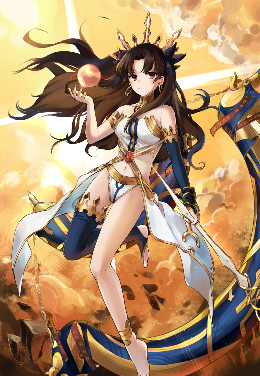 1girl asymmetrical_legwear asymmetrical_sleeves barefoot blue_legwear blue_sleeves brown_hair closed_mouth detached_sleeves earrings fate/grand_order fate_(series) floating_hair highres holding ishtar_(fate/grand_order) jewelry light_smile long_hair long_sleeves looking_at_viewer midriff navel o-ring panties red_eyes single_sleeve single_thighhigh solo stomach striped thigh-highs underwear very_long_hair white_panties yorktown_cv-5