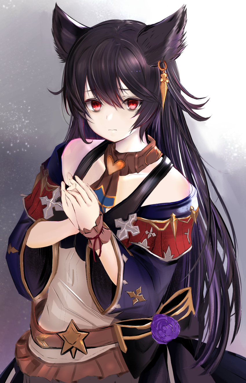 1girl animal_ears bangs bare_shoulders black_hair blush breasts collarbone ear_piercing earrings erune eyebrows_visible_through_hair flower frown granblue_fantasy hair_between_eyes hand_up hands_together highres jewelry light_particles long_hair looking_at_viewer nier_(granblue_fantasy) piercing red_eyes ria_(riarea00) sidelocks skirt solo very_long_hair wide_sleeves