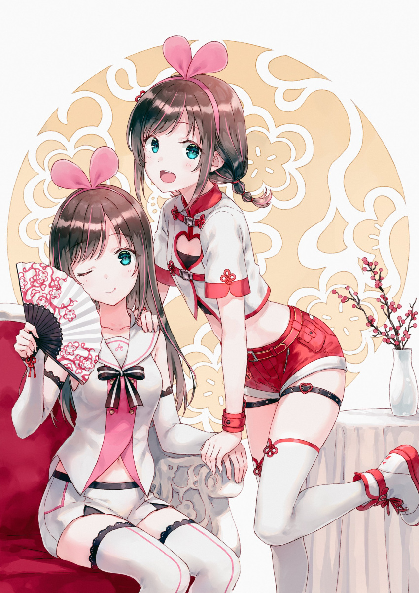 2girls :d ;q a.i._channel absurdres bare_shoulders belt blue_eyes breasts brown_hair chair cleavage_cutout closed_mouth collarbone commentary crop_top detached_sleeves fan flower folding_fan hairband heart_cutout highres hiten_(hitenkei) holding holding_fan kizuna_ai leg_up long_hair looking_at_viewer midriff multicolored_hair multiple_girls navel one_eye_closed open_mouth pink_hair red_shorts sailor_collar shirt shoes short_shorts short_sleeves shorts sidelocks sitting small_breasts smile sneakers standing standing_on_one_leg streaked_hair thigh-highs thigh_strap thighs tongue tongue_out undershirt vase virtual_youtuber white_footwear white_legwear white_sailor_collar white_shirt white_shorts wristband