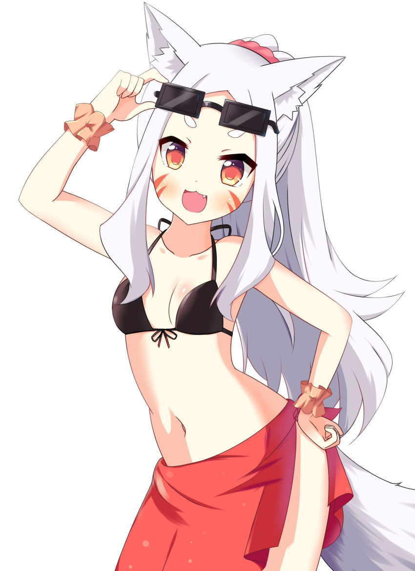 1girl :3 :d animal_ears arm_up bangs bare_shoulders bikini_top black_bikini_top blush breasts brown_eyes brown_scrunchie collarbone contrapposto eyewear_on_head facial_mark fang forehead fox_ears fox_girl fox_tail front-tie_bikini front-tie_top hand_on_hip high_ponytail highres long_hair navel open_mouth parted_bangs ponytail red_sarong sarong scrunchie sewayaki_kitsune_no_senko-san shiro_(sewayaki_kitsune_no_senko-san) short_eyebrows silver_hair simple_background small_breasts smile solo sunglasses tail thick_eyebrows v-shaped_eyebrows very_long_hair white_background wrist_scrunchie xiaosamiao