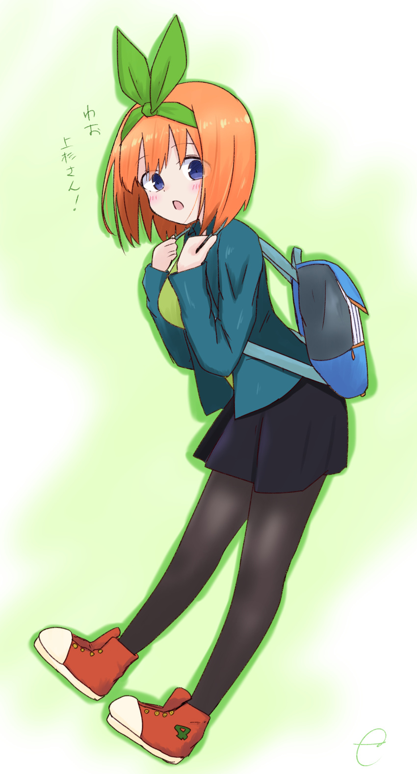 1girl absurdres backpack bag bangs black_legwear black_skirt blue_jacket blush breasts eyebrows_visible_through_hair full_body go-toubun_no_hanayome green_shirt hair_between_eyes hands_up highres holding_strap jacket kujou_karasuma long_sleeves looking_at_viewer medium_breasts nakano_yotsuba open_clothes open_jacket open_mouth orange_hair pantyhose pleated_skirt red_footwear shirt shoes signature skirt sleeves_past_wrists solo translated violet_eyes