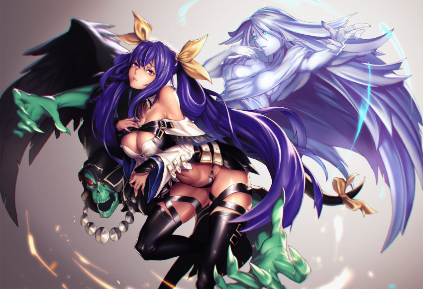 1girl absurdres asymmetrical_wings bare_shoulders black_legwear black_panties blue_hair breasts detached_collar detached_sleeves dizzy guilty_gear hair_ribbon hand_on_own_chest highres large_breasts leaning_forward long_hair looking_at_viewer navel necro_(guilty_gear) panties platinum_disco red_eyes ribbon solo tail tail_ribbon thigh-highs underwear undine_(guilty_gear) very_long_hair wings
