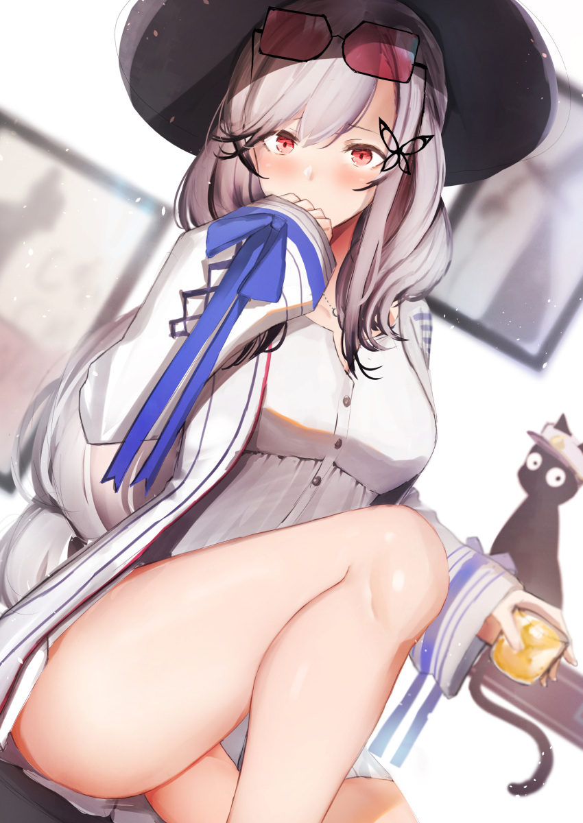 1girl absurdres alternate_costume azur_lane bangs blush breasts butterfly_hair_ornament cat covering_mouth cup dress dunkerque_(afternoon_aphrodite)_(azur_lane) dunkerque_(azur_lane) eyebrows_visible_through_hair eyewear_on_head grey_hair hair_ornament hat highres holding holding_cup jacket jewelry knee_up large_breasts light_particles long_hair looking_at_viewer necklace photo_(object) pnatsu sidelocks sitting sleeves_past_wrists solo sunglasses thighs tinted_eyewear white_dress white_jacket