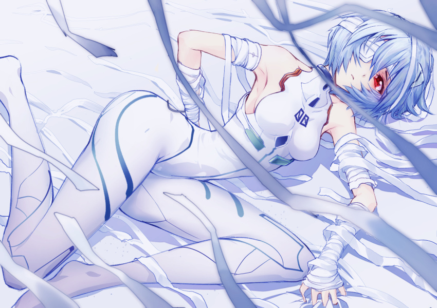 1girl ayanami_rei bandaged_arm bandages bodysuit breasts cluseller eyepatch from_side hairpods light_blue_hair lying neon_genesis_evangelion on_bed on_side pilot_suit plugsuit red_eyes short_hair small_breasts solo turtleneck white_bodysuit