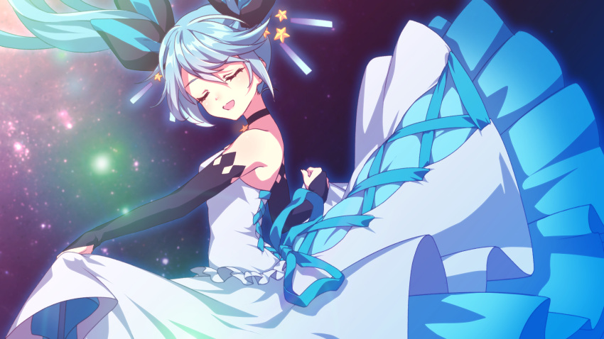 1girl :d black_bow black_sleeves blue_hair blue_ribbon bow bridal_gauntlets choker closed_eyes detached_sleeves dress floating_hair from_side hair_bow hatsune_miku head_tilt highres long_dress long_hair long_sleeves matsuda_toki open_mouth ribbon shiny shiny_hair skirt_hold sleeveless sleeveless_dress smile solo standing strapless strapless_dress twintails vocaloid white_dress