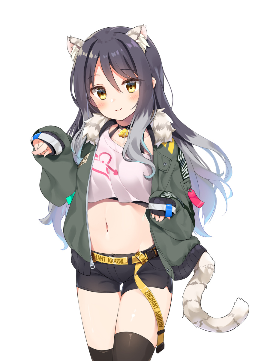 1girl alternate_costume animal_ears belt black_hair black_legwear black_shorts blush casual choker commentary_request cowboy_shot crop_top fur_collar green_jacket halterneck highres jacket kashiwazaki_shiori kutata long_hair long_sleeves midriff multicolored_hair navel open_clothes open_jacket princess_connect! princess_connect!_re:dive shirt short_shorts shorts simple_background smile solo standing tail thigh-highs thighs tiger_ears tiger_tail white_background white_shirt yellow_eyes