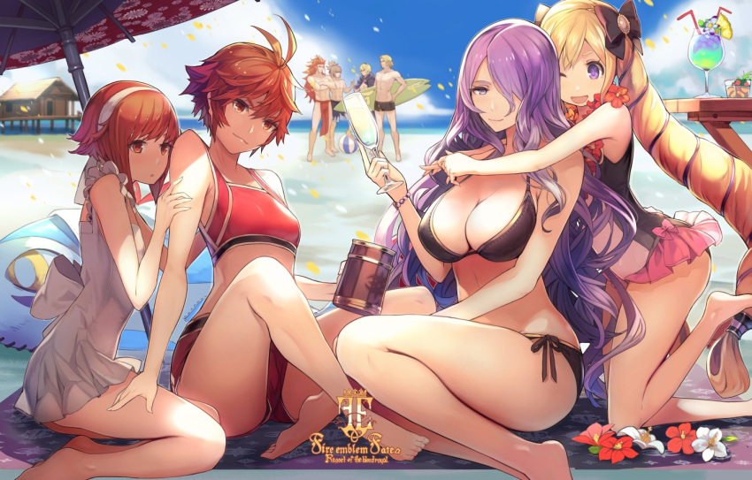 4boys 4girls beach beachball beer_mug bikini blonde_hair blue_sky breasts camilla_(fire_emblem) cup drill_hair drinking_glass elise_(fire_emblem) female_swimwear fire_emblem fire_emblem_fates fire_emblem_heroes fire_emblem_if flower flower_necklace fundoshi hinoka_(fire_emblem) hug hug_from_behind intelligent_systems japanese_clothes jewelry kurosawa_tetsu leo_(fire_emblem_fates) long_hair male_swimwear multiple_boys multiple_girls necklace nintendo open_mouth purple_hair red_eyes redhead ryoma_(fire_emblem) sakura_(fire_emblem) short_hair siblings sitting sky smile summer swim_trunks swimsuit table takumi_(fire_emblem) twin_drills twintails very_long_hair violet_eyes wine_glass xander_(fire_emblem)