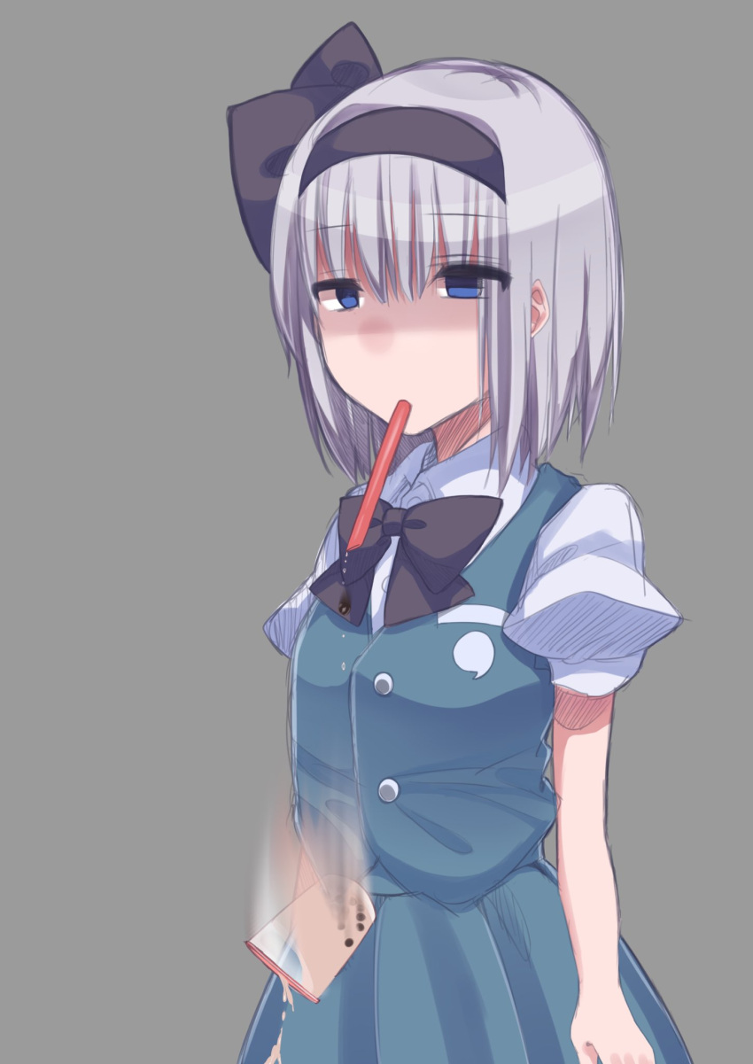 1girl arms_at_sides bangs black_hairband black_neckwear bob_cut bow bowtie bubble_tea bubble_tea_challenge buttons collared_shirt cup disposable_cup drink drinking drinking_straw failure falling green_skirt green_vest grey_background grey_hair hairband hairband_bow highres jitome konpaku_youmu no_nose otowa_(otoha4634) puffy_sleeves shaded_face shirt short_hair short_sleeves sketch skirt skirt_set solo spilling touhou upper_body vest white_shirt wing_collar