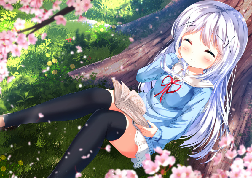 1girl ^_^ bangs black_legwear blue_cardigan blurry blurry_foreground blush book brown_footwear cardigan cherry_blossoms chinomaron closed_eyes closed_mouth day depth_of_field eyebrows_visible_through_hair facing_viewer feet_out_of_frame fingernails flower gochuumon_wa_usagi_desu_ka? grass hair_ornament hoto_cocoa's_school_uniform kafuu_chino loafers long_hair neck_ribbon on_grass open_book outdoors pink_flower pleated_skirt red_ribbon ribbon sailor_collar school_uniform serafuku shoes silver_hair sitting skirt smile solo thigh-highs tree tree_branch very_long_hair white_sailor_collar white_skirt x_hair_ornament