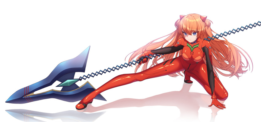 1girl arm_support blue_eyes brown_hair g5_(artist) highres lance_of_longinus long_hair neon_genesis_evangelion outstretched_leg plugsuit shadow solo souryuu_asuka_langley white_background