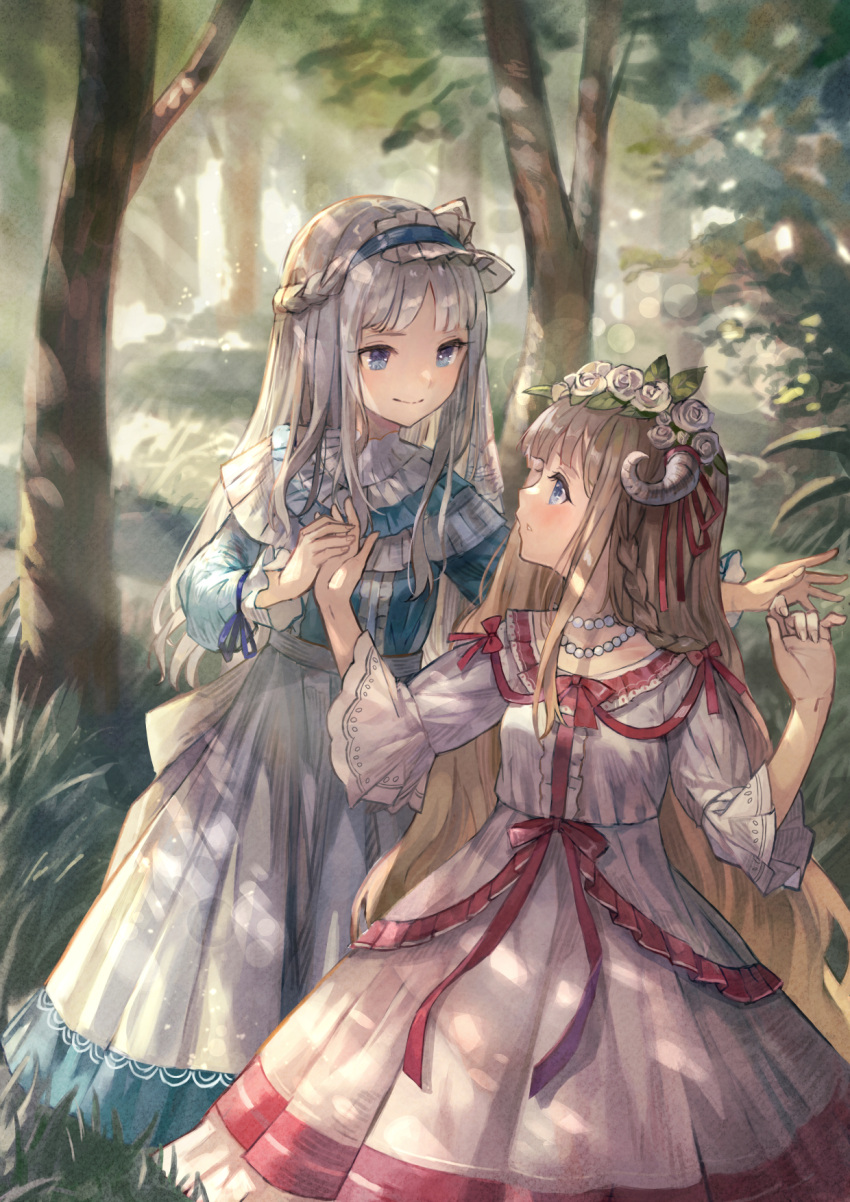 2girls blue_eyes blue_hairband blue_shirt braid brown_hair center_frills closed_mouth commentary_request curled_horns day dress eye_contact fingernails flower frilled_hairband frills grey_hair hair_flower hair_ornament hairband hands_up highres holding_hand horn_ribbon horns kobuta long_hair long_sleeves looking_at_another multiple_girls original outdoors pleated_dress profile puffy_long_sleeves puffy_sleeves red_ribbon ribbon rose shirt skirt smile sunlight tree very_long_hair white_dress white_flower white_rose white_skirt wide_sleeves