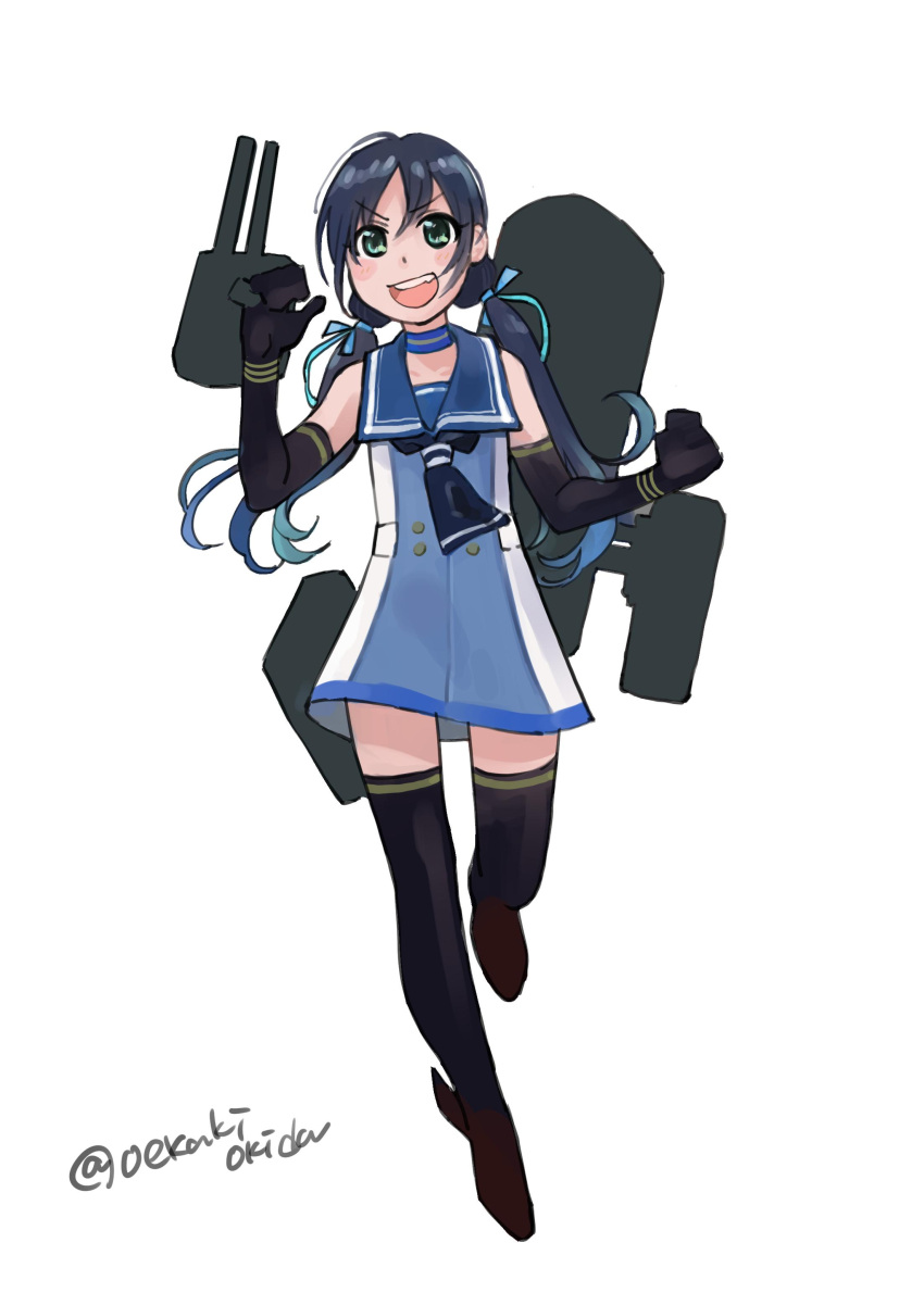 1girl absurdres adapted_turret black_gloves black_legwear black_neckwear blue_hair blue_sailor_collar commentary_request elbow_gloves full_body gloves green_eyes hair_ribbon highres kantai_collection long_hair low_twintails machinery neckerchief oekakiokiba open_mouth original_remodel_(kantai_collection) ribbon sailor_collar simple_background sleeveless smile solo suzukaze_(kantai_collection) thigh-highs twintails white_background