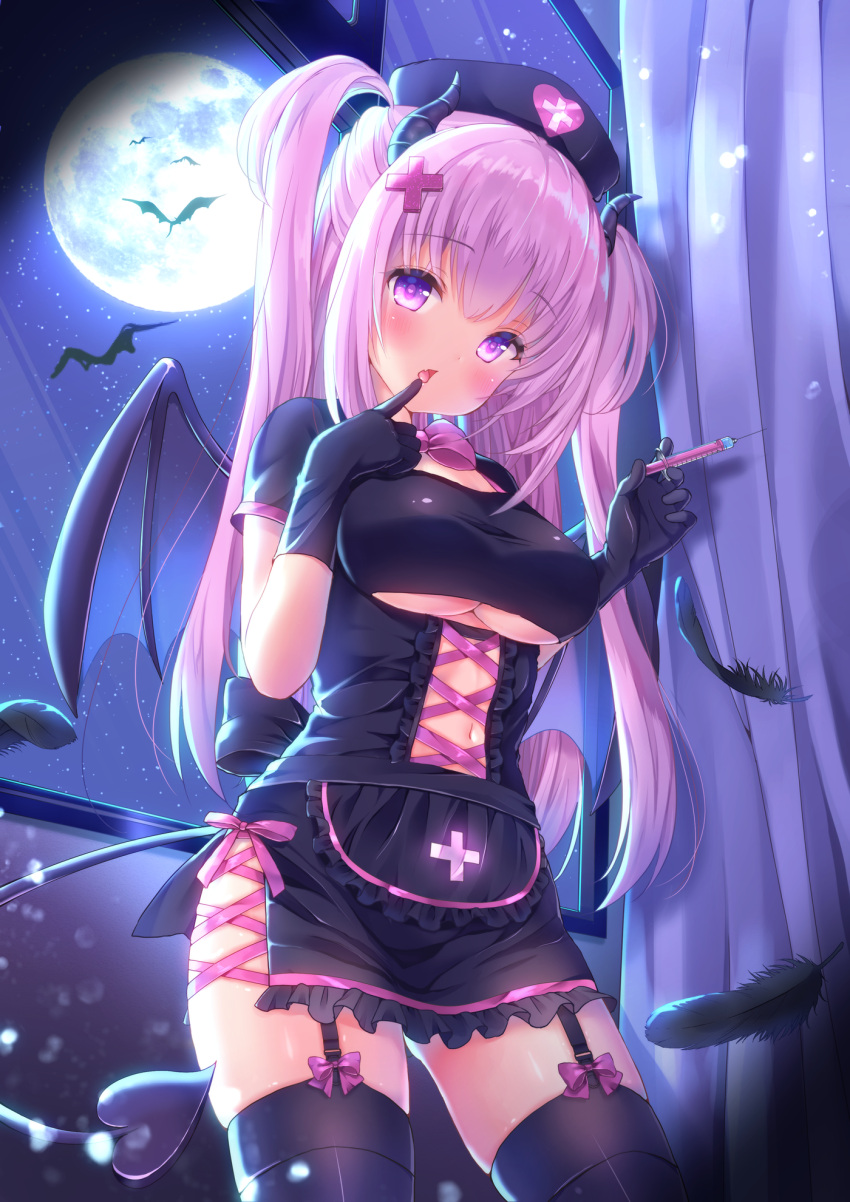 1girl apron bangs black_apron black_bow black_dress black_feathers black_gloves black_headwear black_legwear blue_wings blush bow breasts commentary_request curled_horns curtains demon_girl demon_horns demon_tail demon_wings dress eyebrows_visible_through_hair fang feathers frilled_apron frilled_dress frills full_moon garter_straps gloves hair_between_eyes hat heart highres holding holding_syringe horns indoors large_breasts long_hair moon night night_sky nurse nurse_cap original parted_lips pink_hair purple_bow sidelocks sky solo star_(sky) starry_sky syringe tail thigh-highs two_side_up under_boob very_long_hair violet_eyes waist_apron window wings yuyuko_(yuyucocco)
