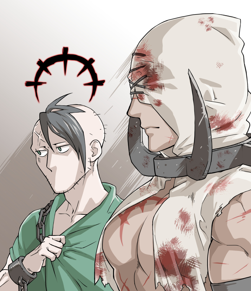 2boys abomination_(darkest_dungeon) absurdres affliction_(darkest_dungeon) black_hair chain collar cuffs darkest_dungeon flagellant_(darkest_dungeon) green_eyes highres hood multiple_boys scar shackles short_hair spiked_collar spikes torn_clothes varamill