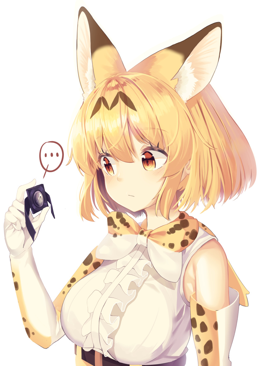 ... 1girl absurdres animal_ears animal_ears_(artist) bow breasts brown_eyes closed_mouth elbow_gloves eyebrows_visible_through_hair gloves highres kemono_friends large_breasts looking_away multicolored multicolored_clothes multicolored_gloves multicolored_neckwear necktie orange_bow orange_gloves orange_hair orange_neckwear serval_(kemono_friends) serval_ears short_hair solo speech_bubble spoken_ellipsis white_bow white_gloves white_neckwear