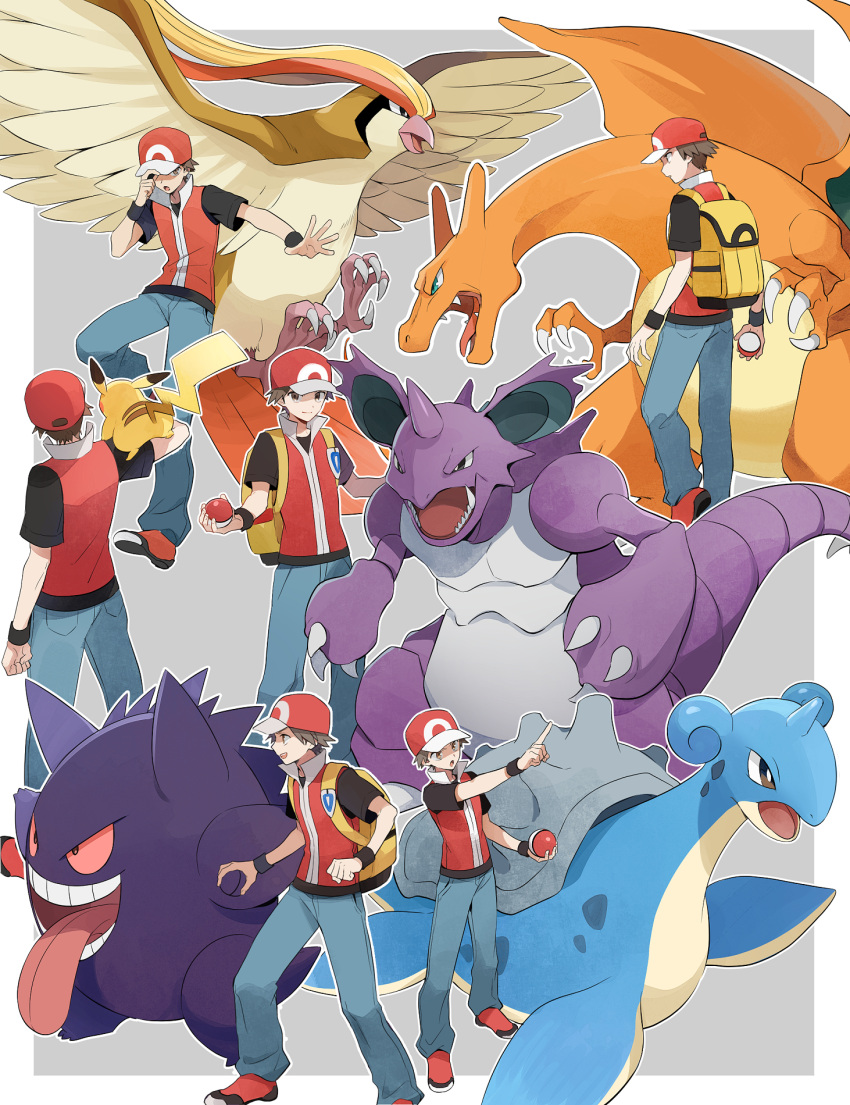 1boy backpack bag beak brown_hair charizard claws fangs gen_1_pokemon gengar grey_background hat highres holding holding_poke_ball horn lapras nidoqueen pidgeot pikachu poke_ball poke_ball_(generic) pokemon pokemon_(creature) pokemon_(game) pokemon_rgby red_(pokemon) red_footwear tail talons wings yukin_(es)