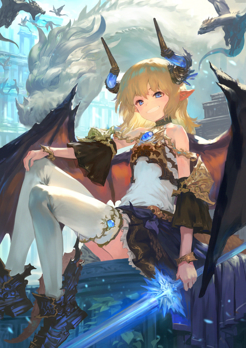 1girl animal bangs bare_shoulders black_footwear blonde_hair blue_eyes blue_sky boots brown_skirt commentary_request curled_horns day dragon eyebrows_behind_hair frilled_skirt frills gem grin hair_between_eyes hand_on_own_knee highres holding holding_sword holding_weapon horns knees_up long_hair looking_at_viewer original outdoors pleated_skirt pointy_ears shirt sitting skirt sky sleeveless sleeveless_shirt smile solo sword thigh-highs wasabi60 weapon white_legwear white_shirt