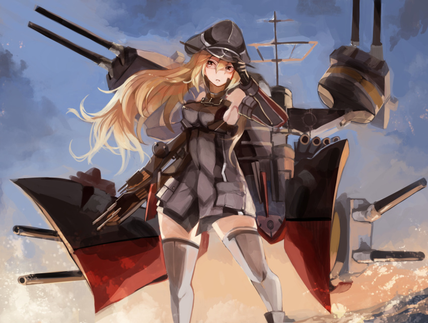 1girl anchor_hair_ornament bare_shoulders bismarck_(kantai_collection) blonde_hair blue_eyes brown_gloves cannon clouds commentary_request detached_sleeves feet_out_of_frame gloves gradient_sky grey_legwear hair_ornament hat highres iron_cross kantai_collection long_hair looking_at_viewer machinery military military_hat military_uniform nagasawa_tougo peaked_cap sky solo standing sunrise thigh-highs turret uniform