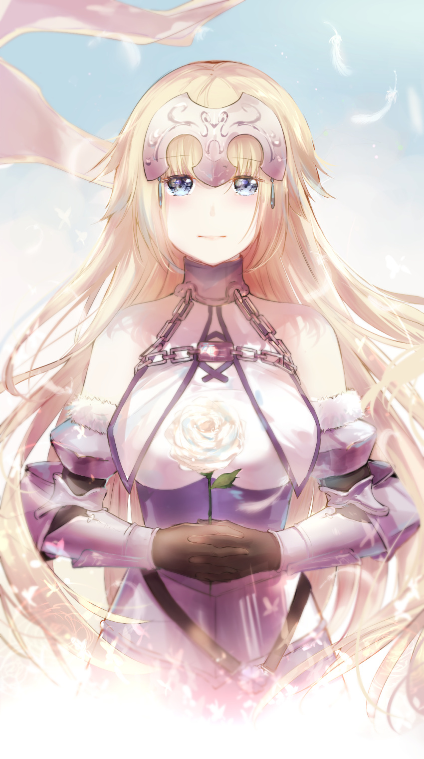 1girl armor black_gloves blonde_hair blue_eyes blue_sleeves blush chain closed_mouth detached_sleeves eyebrows_visible_through_hair fate/apocrypha fate_(series) floating_hair flower fur-trimmed_sleeves fur_trim gloves hands_clasped hands_together headpiece highres holding holding_flower interlocked_fingers jeanne_d'arc_(fate) jeanne_d'arc_(fate)_(all) lilith_ker long_hair long_sleeves looking_at_viewer own_hands_together rose smile solo standing very_long_hair white_feathers white_flower white_rose