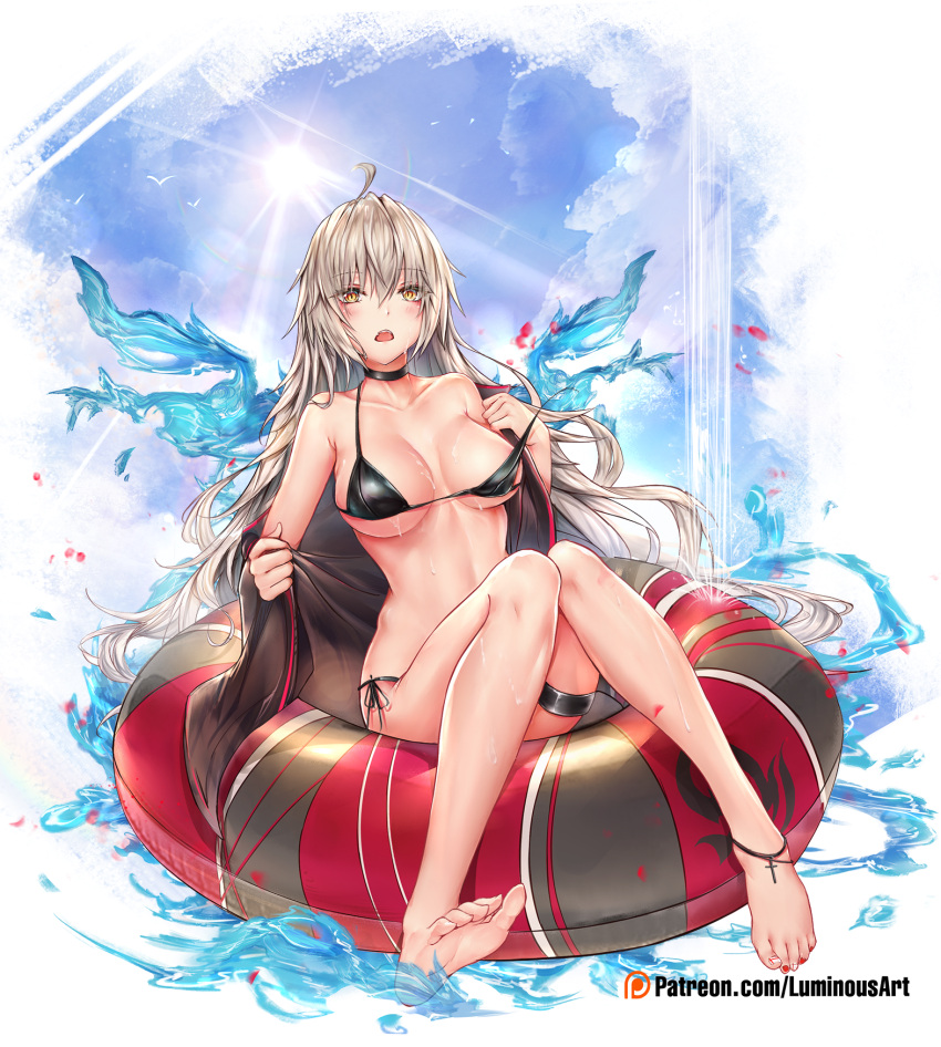 1girl :o ahoge bare_legs bare_shoulders barefoot bikini black_bikini black_choker blush breasts breasts_apart choker collarbone commentary_request fate/apocrypha fate/grand_order fate_(series) feet hair_between_eyes highres innertube jeanne_d'arc_(alter_swimsuit_berserker) jeanne_d'arc_(fate)_(all) large_breasts long_hair looking_at_viewer luminous off_shoulder open_mouth patreon_username ruler_(fate/apocrypha) side-tie_bikini silver_hair solo sun sunlight swimsuit thigh_strap thighs type-moon very_long_hair water watermark wet yellow_eyes