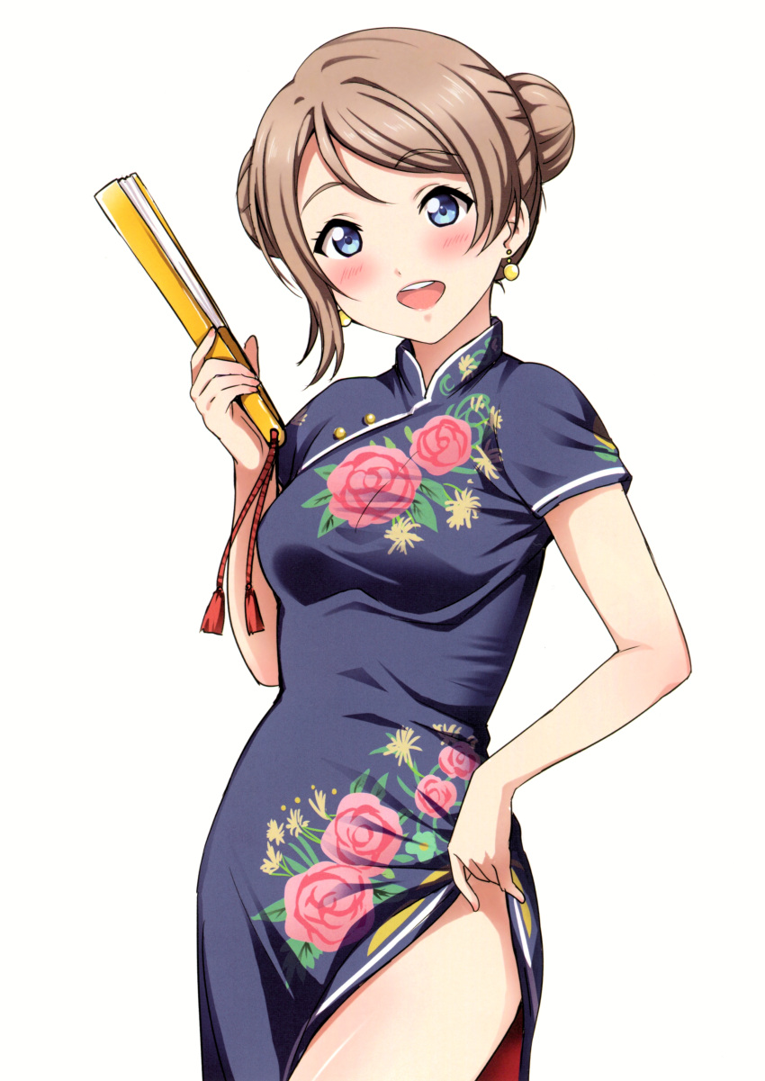1girl :d absurdres alternate_costume blue_eyes blush breasts china_dress chinese_clothes cowboy_shot double_bun dress dress_lift earrings fan floral_print folding_fan head_tilt highres holding holding_fan jewelry light_brown_hair looking_at_viewer love_live! love_live!_sunshine!! medium_breasts open_mouth pale_skin round_teeth rozen5 scan short_hair side_slit simple_background smile solo tassel teeth thighs watanabe_you white_background