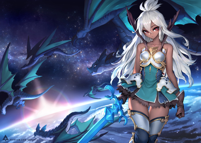 armor armored_dress bare_shoulders boobplate breastplate brown_gloves collarbone commentary dark_skin dragon dress english_commentary gloves granblue_fantasy green_dress hair_between_eyes highres long_hair looking_at_viewer oopartz_yang patreon_username red_eyes strapless strapless_dress sword thigh-highs weapon white_hair zooey_(granblue_fantasy)