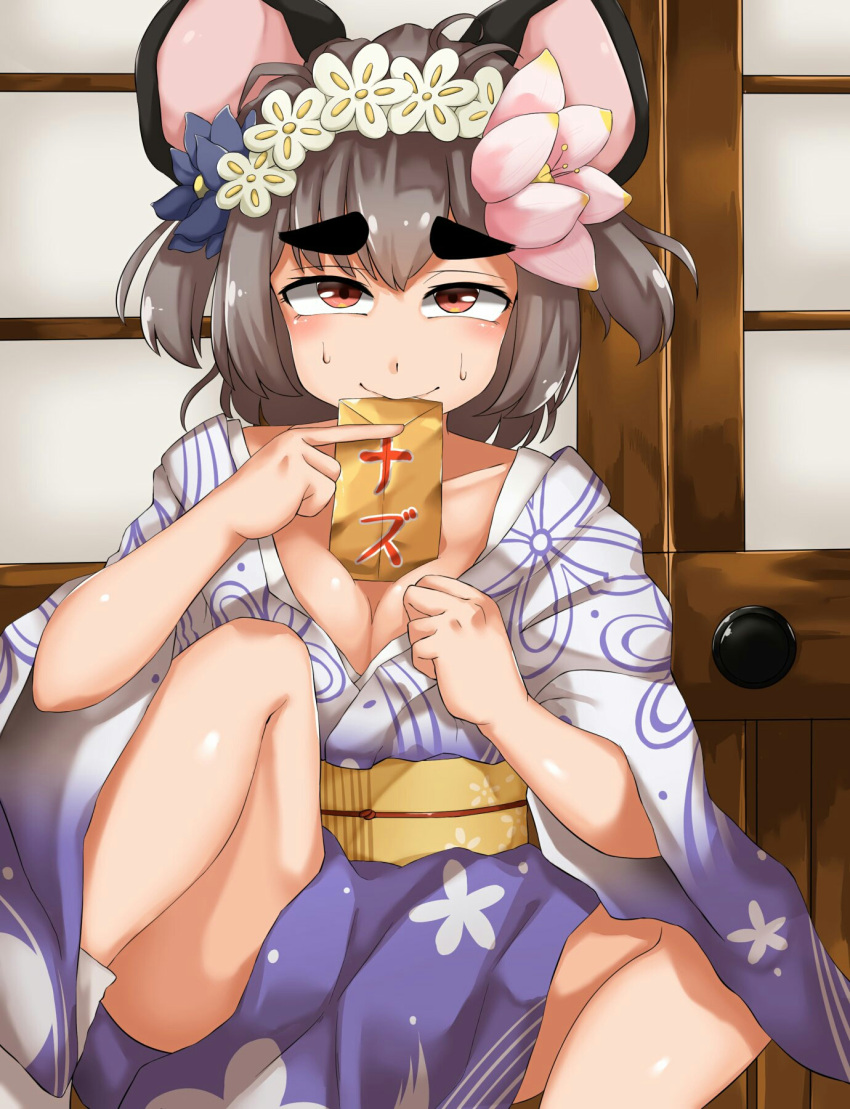 1girl animal_ears bangs closed_mouth commentary_request eyebrows_visible_through_hair furrowed_eyebrows grey_hair half-closed_eyes highres holding looking_at_viewer mismatched_eyebrows mouse_ears mouse_girl mouth_hold nasunasuurin nazrin red_eyes short_hair solo thick_eyebrows touhou