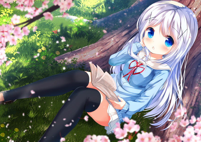 1girl bangs black_legwear blue_cardigan blue_eyes blurry blurry_foreground blush book brown_footwear cardigan cherry_blossoms chestnut_mouth chinomaron commentary_request day depth_of_field eyebrows_visible_through_hair feet_out_of_frame fingernails flower gochuumon_wa_usagi_desu_ka? grass hair_ornament hoto_cocoa's_school_uniform kafuu_chino loafers long_hair looking_at_viewer neck_ribbon on_grass open_book outdoors parted_lips pink_flower pleated_skirt red_ribbon ribbon sailor_collar school_uniform serafuku shoes silver_hair sitting skirt solo thigh-highs tree tree_branch very_long_hair white_sailor_collar white_skirt x_hair_ornament