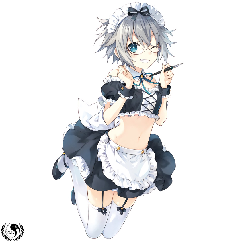 1girl absurdres blue_eyes breasts date_a_live glasses highres holding holding_pen honjou_nia jumping looking_at_viewer maid_dress pen short_hair silver_hair small_breasts smile stomach thigh-highs tsunako