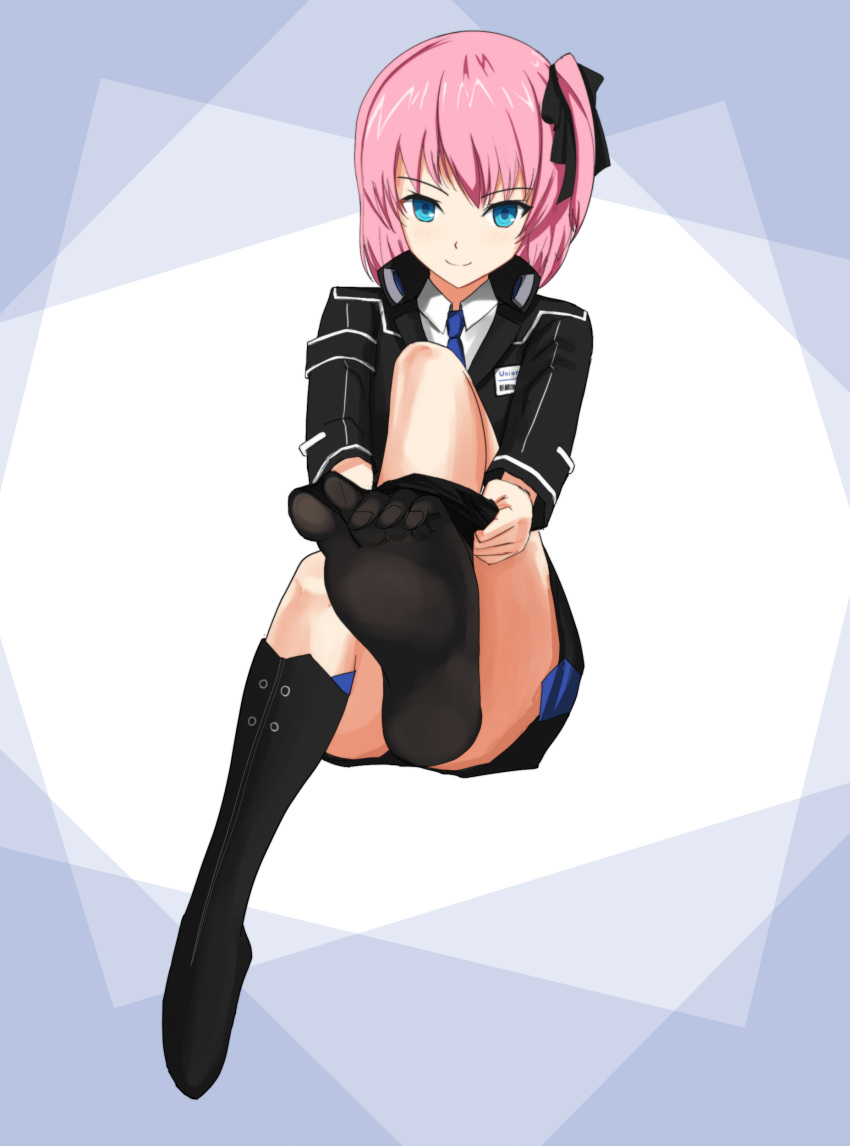 1girl absurdres black_jacket black_legwear black_skirt blue_eyes blue_neckwear closed_mouth closers collared_shirt eyebrows_visible_through_hair full_body highres invisible_chair jacket long_sleeves looking_at_viewer miniskirt necktie osunahanko pink_hair seulbi_lee shiny shiny_hair shirt short_hair side_ponytail sitting skirt smile solo white_shirt wing_collar
