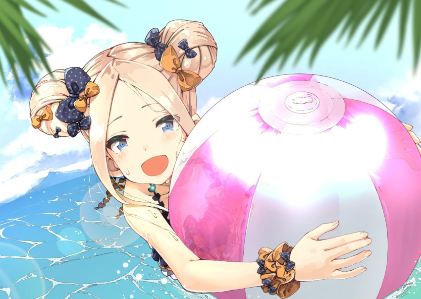 1girl :d abigail_williams_(fate/grand_order) ball bangs beachball black_bow blue_eyes bow cute double_bun emerald_float fate/grand_order fate_(series) frilled_tankini holding holding_ball iwasaki_takashi object_hug open_mouth orange_bow parted_bangs sketch smile swimming swimsuit tankini type-moon wading water