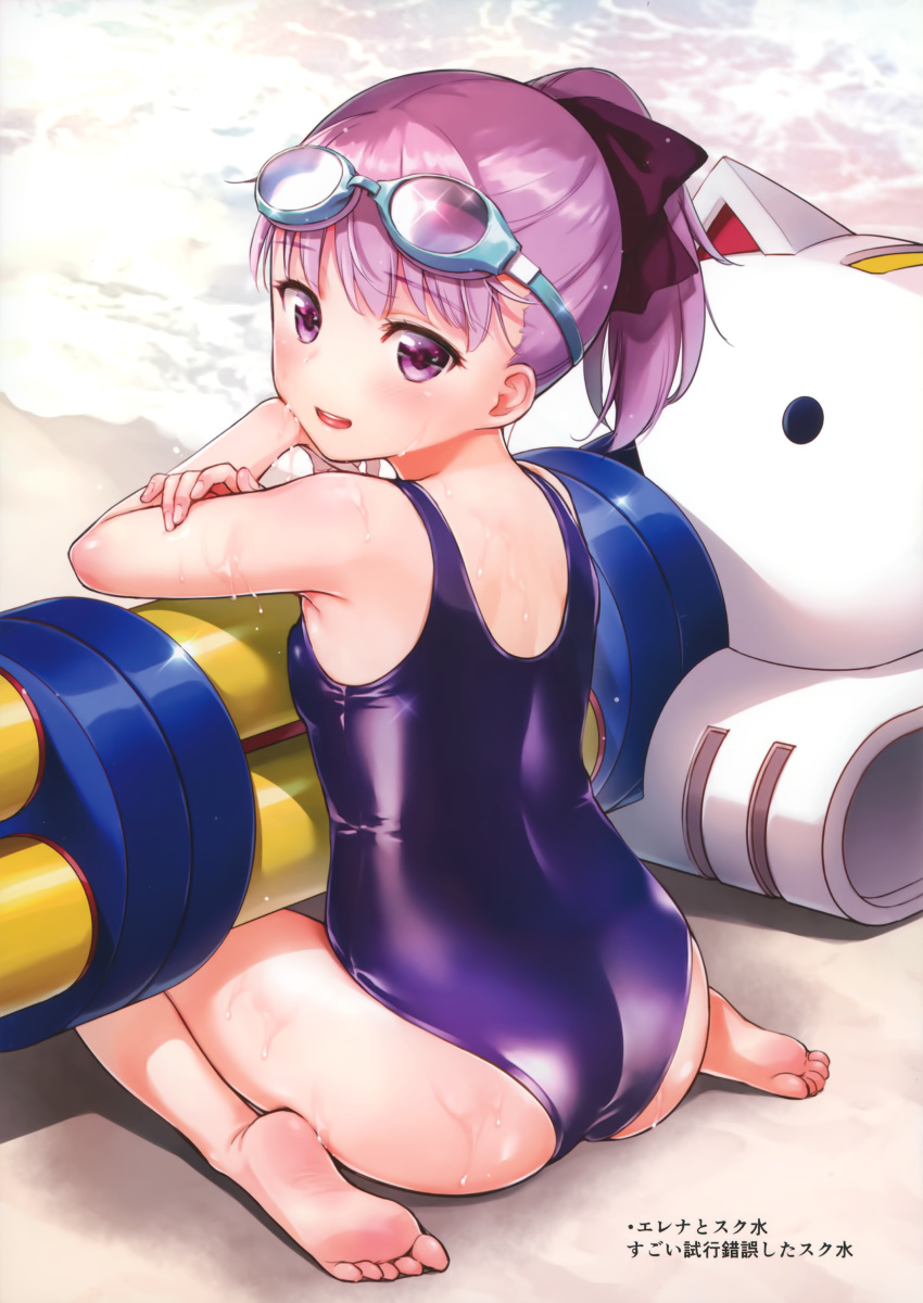 1girl :d absurdres ass bangs bare_arms bare_shoulders barefoot beach blue-framed_eyewear blue_swimsuit blush bow day eyebrows_visible_through_hair fate/grand_order fate_(series) feet full_body glint goggles goggles_on_head gun hair_bow helena_blavatsky_(fate/grand_order) helena_blavatsky_(swimsuit_archer)_(fate) highres looking_back ocean one-piece_swimsuit open_mouth outdoors ponytail purple_bow purple_hair sand scan school_swimsuit shiny shiny_clothes short_hair smile soles solo swimsuit tareme toes umakuchi_shouyu violet_eyes water weapon wet