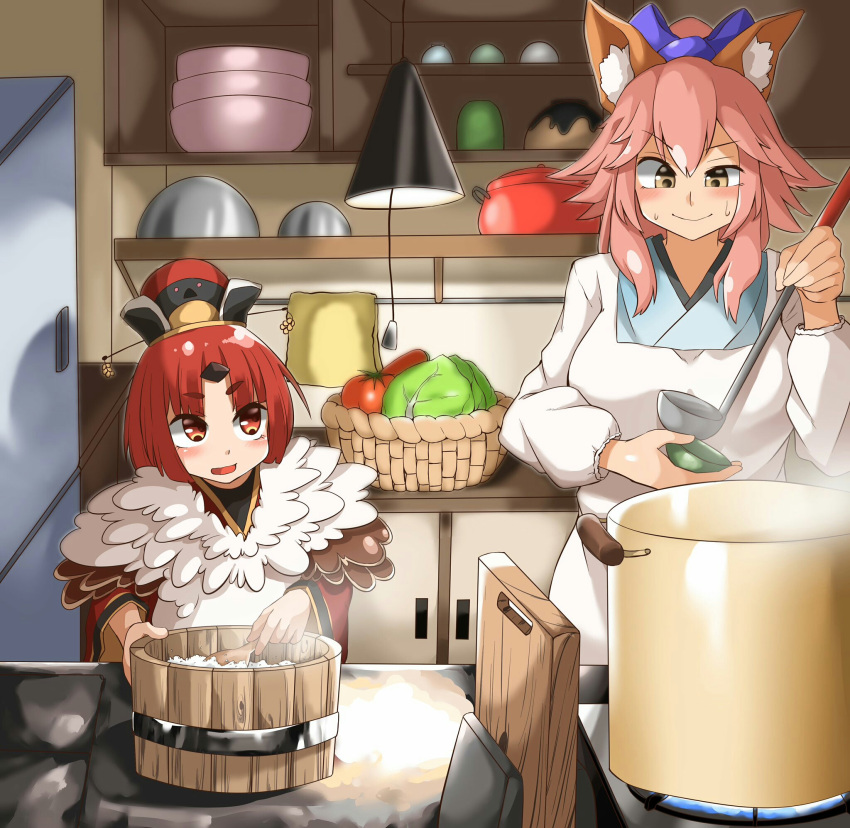 2girls animal_ear_fluff animal_ears apron bangs benienma_(fate/grand_order) blush breasts cabbage closed_mouth concentrating cooking counter cupboard cutting_board eyebrows_visible_through_hair eyes_visible_through_hair fate/extra fate_(series) feather_collar focused fox_ears fox_girl gold_trim highres holding holding_ladle indoors kitchen ladle large_breasts long_sleeves looking_at_another multiple_girls nasunasuurin ohitsu open_mouth pot red_eyes redhead rice_spoon standing steam stove tamamo_(fate)_(all) tamamo_no_mae_(fate) thick_eyebrows tomato uneven_eyes white_apron wide_sleeves yellow_towel