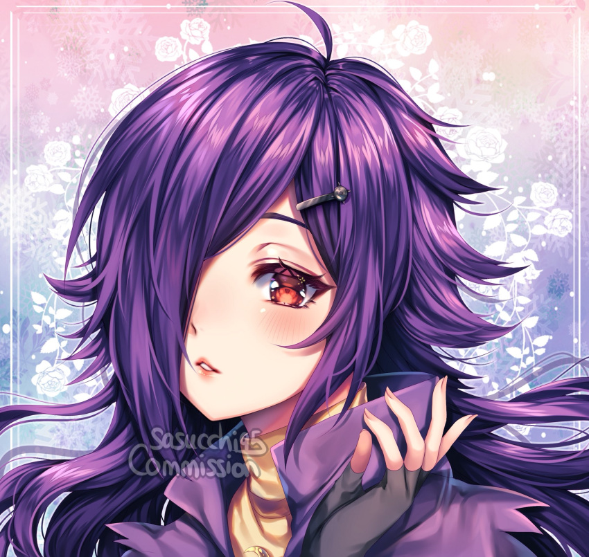 1girl ahoge black_gloves blush close-up commission eyebrows_visible_through_hair fingerless_gloves gloves hair_ornament hair_over_one_eye hairclip highres looking_at_viewer original parted_lips purple_hair red_eyes sasucchi95 solo upper_body