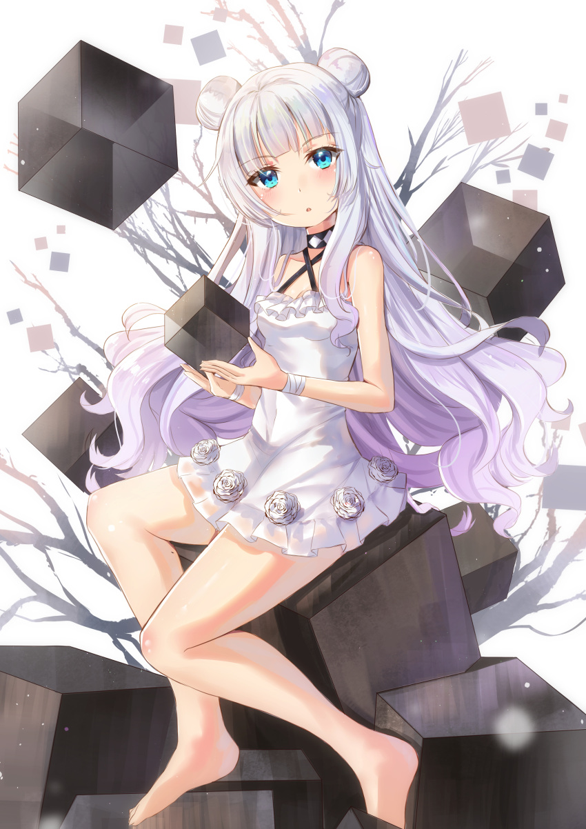 1girl absurdres azur_lane bangs bare_legs bare_shoulders bare_tree barefoot blue_eyes blunt_bangs commentary_request criss-cross_halter cube double_bun dress eyebrows_visible_through_hair flower frilled_dress frills halterneck head_tilt highres holmemee le_malin_(azur_lane) long_hair looking_at_viewer parted_lips rose silver_hair simple_background sitting solo tree very_long_hair white_background white_dress white_flower white_rose