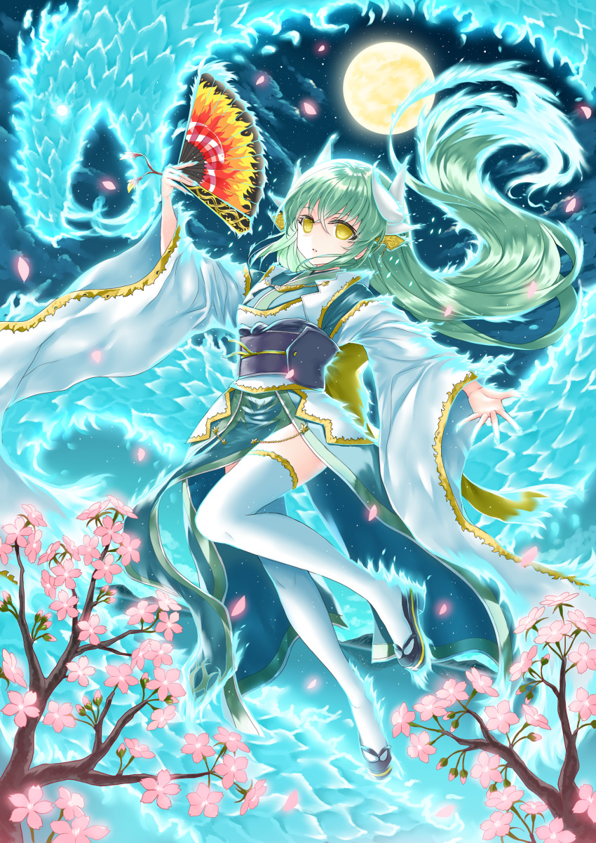 1girl cherry_blossoms cherry_tree detached_sleeves fan fate/grand_order fate_(series) floating_hair full_body full_moon green_hair hair_between_eyes highres holding holding_fan horns japanese_clothes kimono kiyohime_(fate/grand_order) long_hair long_sleeves moon morizono_shiki night night_sky outdoors parted_lips shiny shiny_hair sky solo star_(sky) starry_sky thigh-highs very_long_hair white_legwear white_sleeves wide_sleeves yellow_eyes zettai_ryouiki