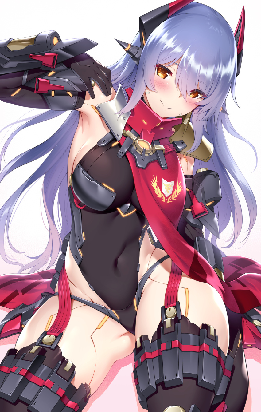 1girl absurdres android ass_visible_through_thighs bangs black_gloves black_legwear blue_hair blush breasts covered_navel cowboy_shot elbow_gloves eyebrows_visible_through_hair fanbox_reward garter_straps gloves gradient gradient_background hair_between_eyes hana_(xenoblade) hana_jd headgear highleg highleg_leotard highres large_breasts leotard long_hair looking_at_viewer m-da_s-tarou navel paid_reward robot_joints scarf simple_background sketch smile solo spoilers thigh-highs xenoblade_(series) xenoblade_2 yellow_eyes