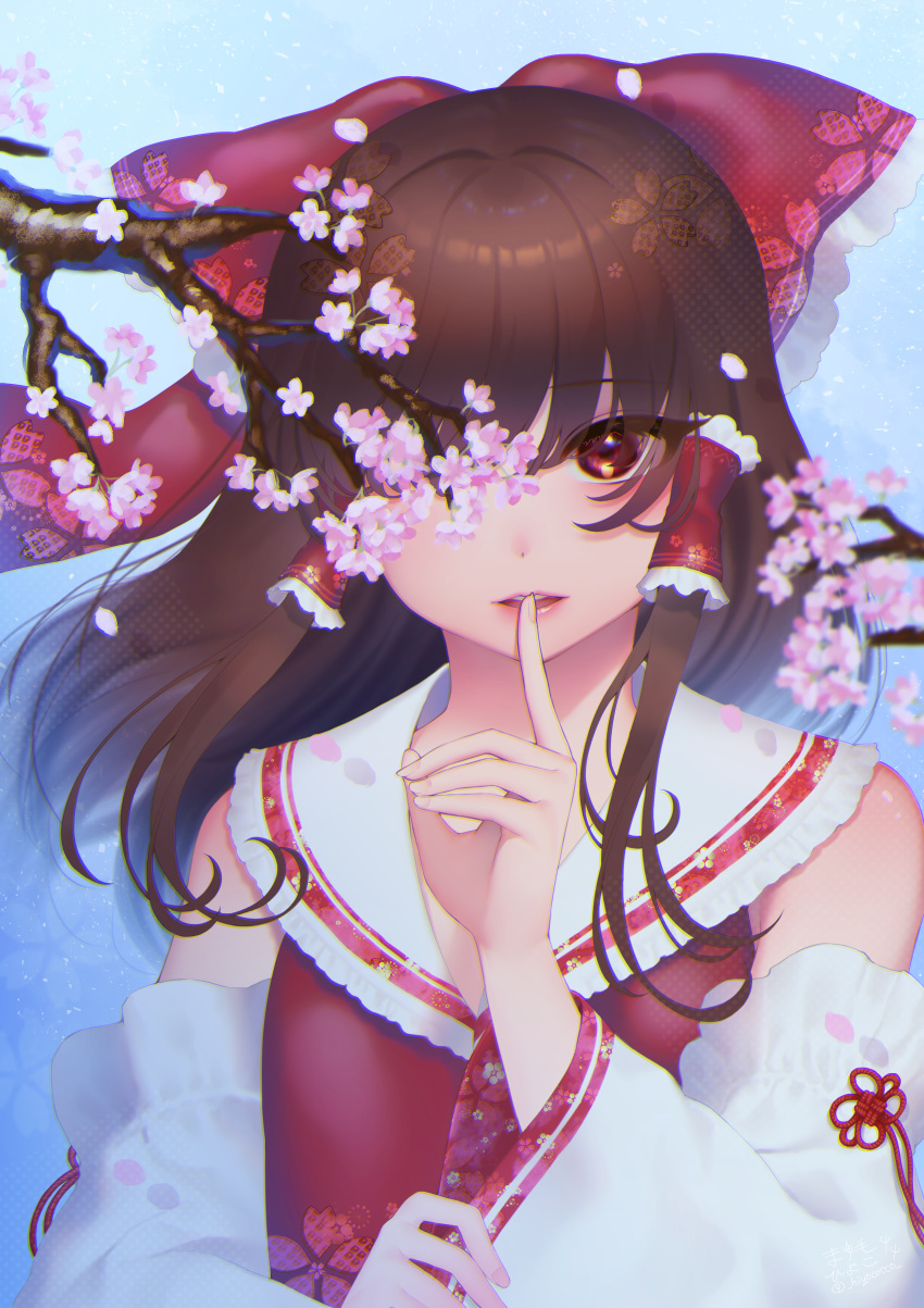 1girl absurdres bangs bare_shoulders blue_background bow brown_hair cherry_blossoms commentary_request detached_sleeves eyebrows_visible_through_hair finger_to_mouth frilled_bow frills hair_bow hair_tubes hakurei_reimu highres long_hair long_sleeves looking_at_viewer mayukehiyoko one_eye_covered parted_lips red_bow red_eyes sailor_collar sidelocks solo touhou upper_body white_sailor_collar wide_sleeves