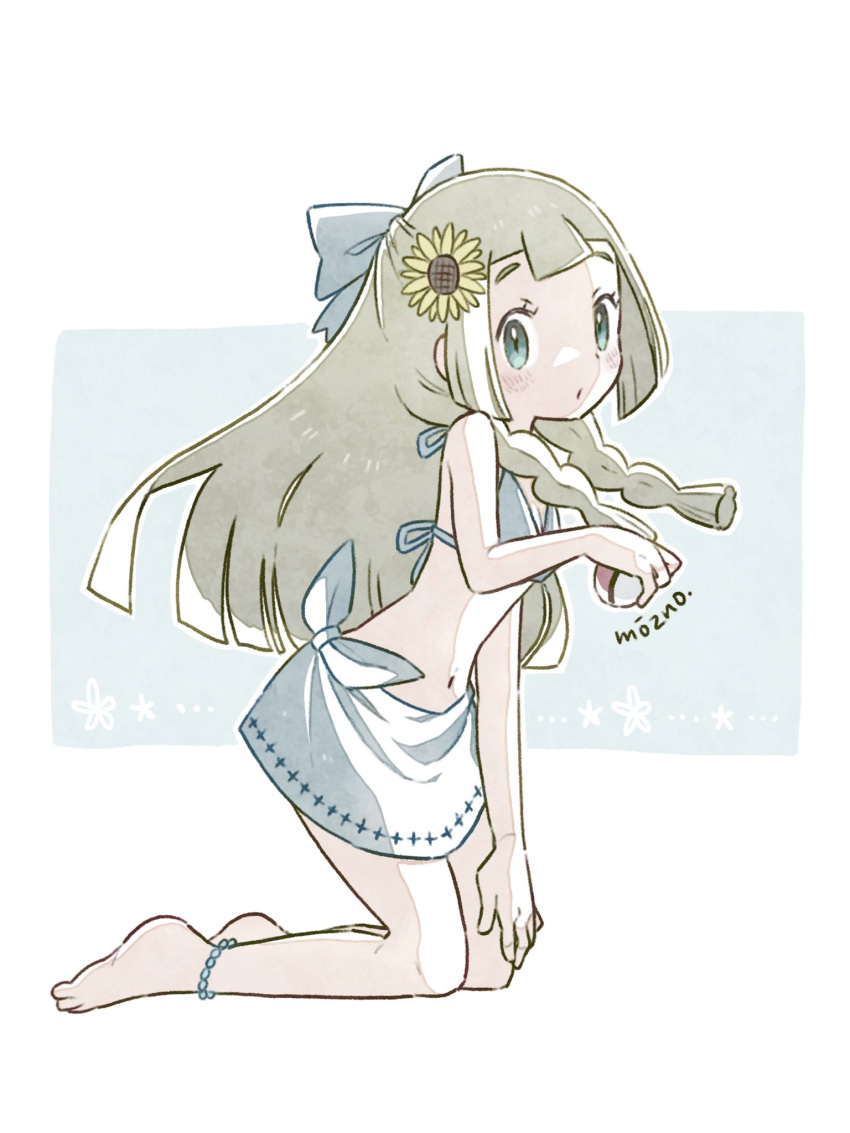 1girl artist_name barefoot bikini blonde_hair bow braid flower from_side full_body green_eyes hair_bow hair_flower hair_ornament highres holding holding_poke_ball kneeling lillie_(pokemon) long_hair looking_to_the_side mozpoke poke_ball pokemon pokemon_(game) pokemon_sm solo sunflower swimsuit twin_braids