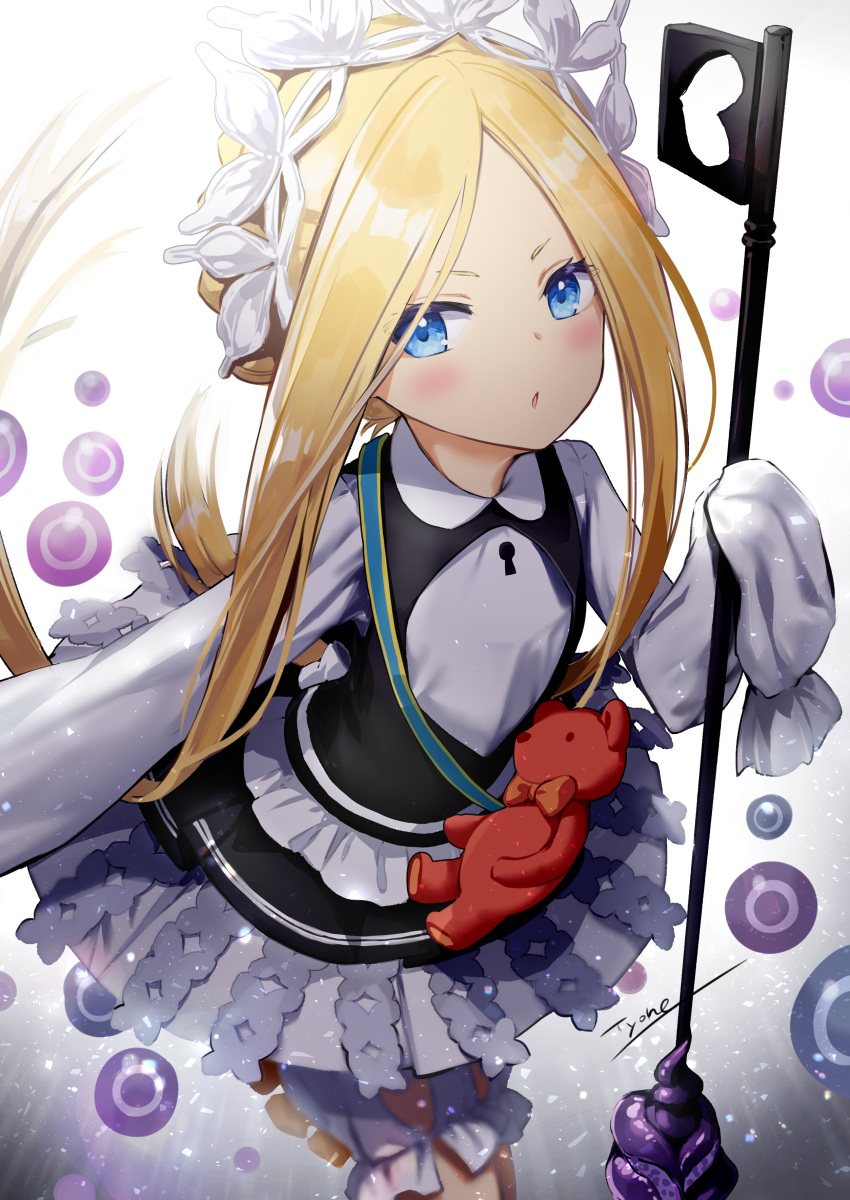 1girl abigail_williams_(fate/grand_order) absurdres apron bangs black_skirt blonde_hair bloomers blue_eyes bow butterfly_hair_ornament fate/grand_order fate_(series) hair_ornament heroic_spirit_chaldea_park_outfit highres holding key long_hair maid maid_apron maid_headdress orange_bow parted_bangs skirt sleeves_past_fingers sleeves_past_wrists stuffed_animal stuffed_toy teddy_bear tyone underwear white_bow