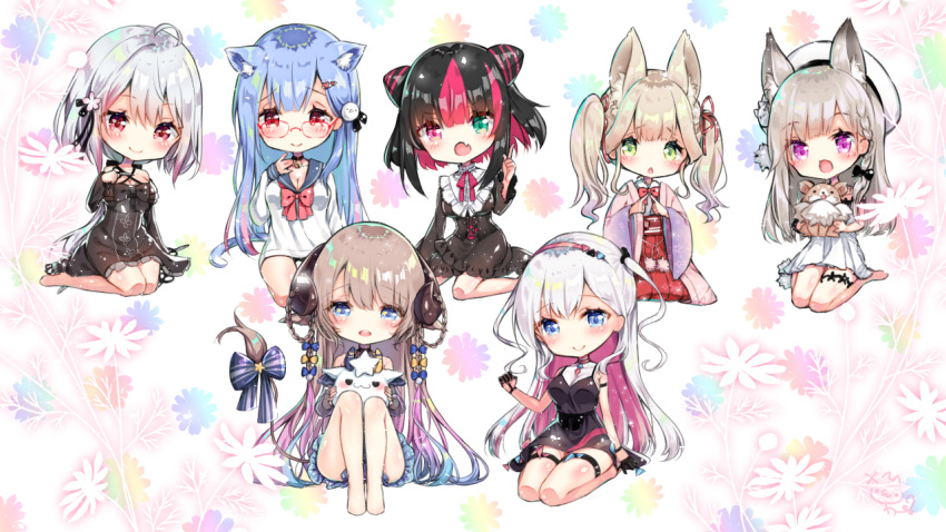 6+girls :d animal animal_ear_fluff animal_ears bangs bare_legs bare_shoulders barefoot black_dress black_hair black_sleeves blue_bow blue_hair blue_sailor_collar blush bow braid closed_mouth commentary_request copyright_request curled_horns detached_sleeves dog dress eyebrows_visible_through_hair fang fingers_together floral_background fox_ears glasses gradient_hair green_eyes hair_between_eyes hair_bow hakama hand_up heterochromia holding holding_animal horns index_finger_raised japanese_clothes kamiki_hasami kimono kinu_channel knees_up light_brown_hair long_hair long_sleeves miko multicolored_hair multiple_girls musubime_yui open_mouth pink_hair red-framed_eyewear red_eyes red_hakama saikyou_virtual_talent_audition sailor_collar sailor_dress sawa_(sawasaku) seiza side_braid silver_hair single_braid sitting sleeveless sleeveless_dress smile tail tail_raised two-tone_hair very_long_hair violet_eyes virtual_youtuber white_dress white_kimono wide_sleeves yellow_bow